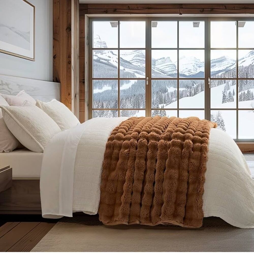🆕 Luxe Soft Rabbit Fur Throw Blanket Faux Vegan Camel Colored Ridgeline Sculpt